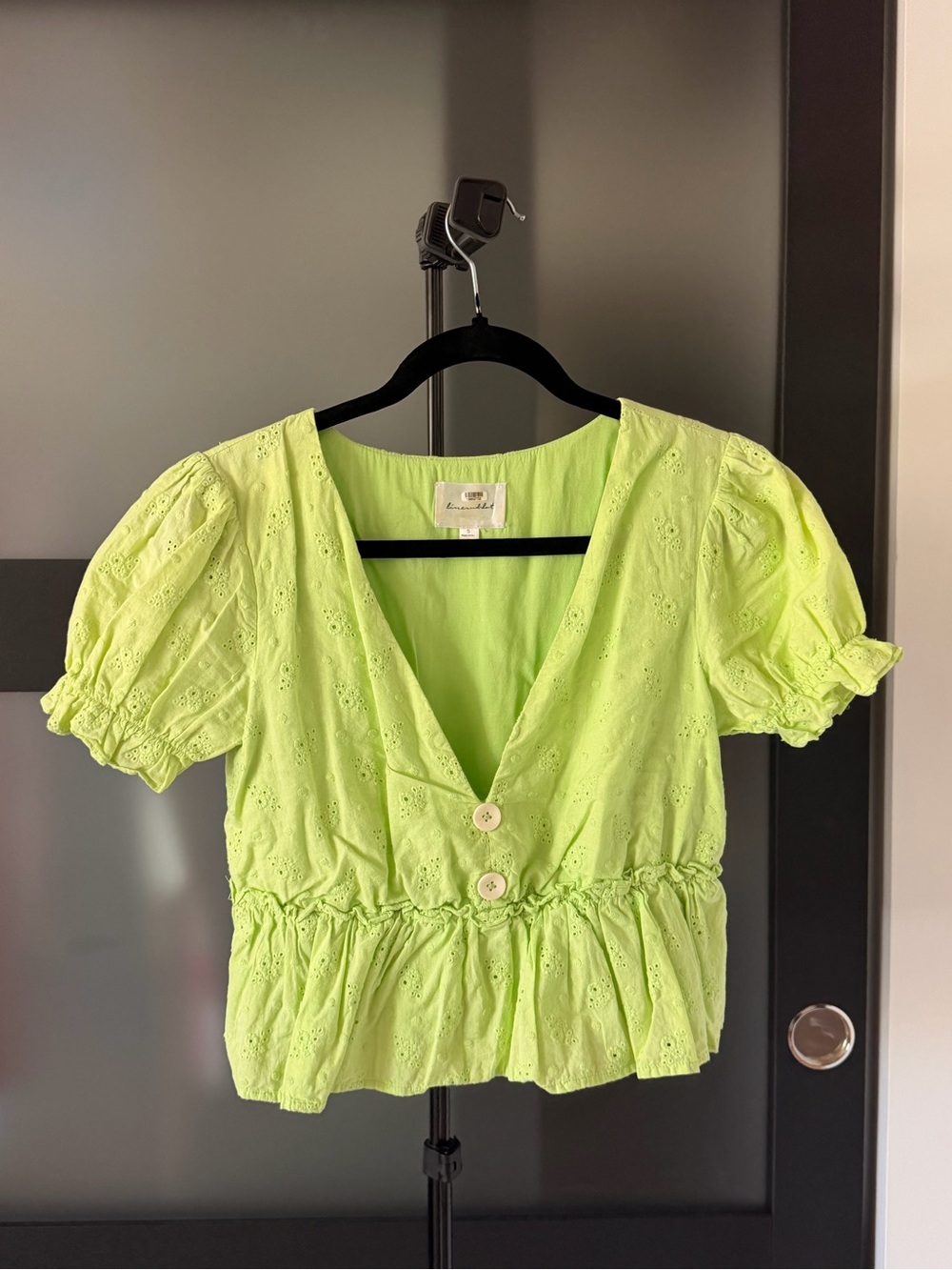 Green Lime Eyelet Peplum Blouse with Buttons